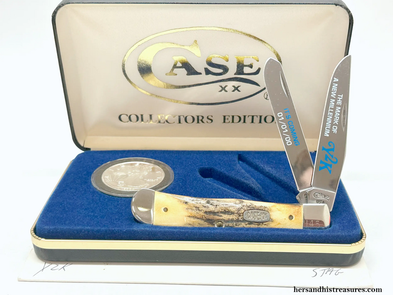 1999-2000 Case XX 5254 Y2K w/ 2000 Silver Eagle Stag Pocket Knife - Hers and His Treasures