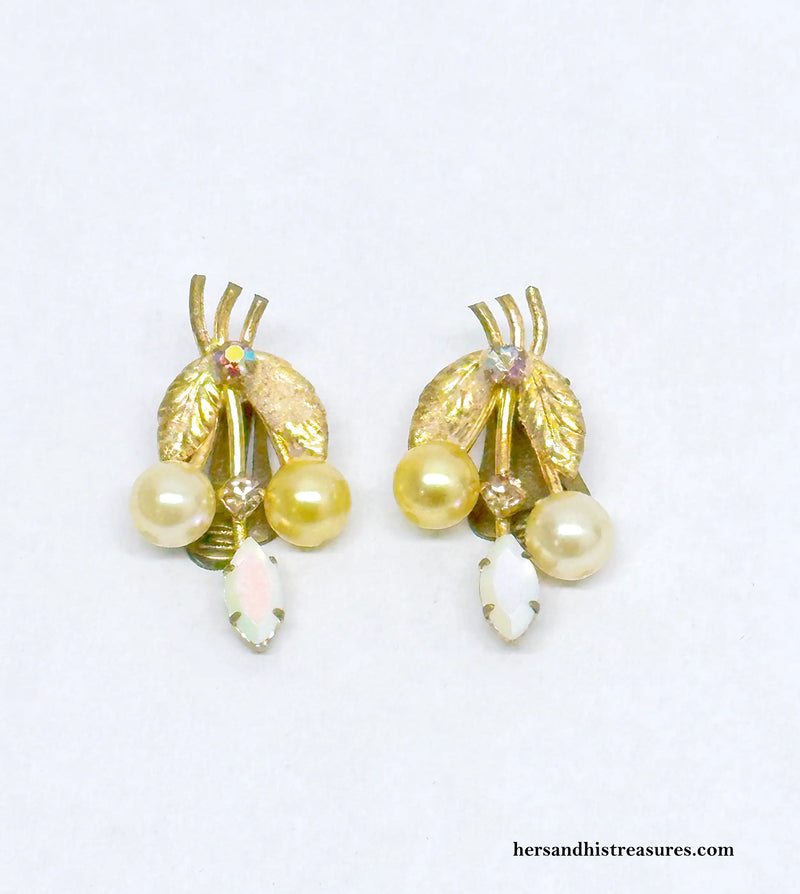 Made In Austria Rhinestone and Iridescent Milk Glass Clip-On Earrings - Hers and His Treasures