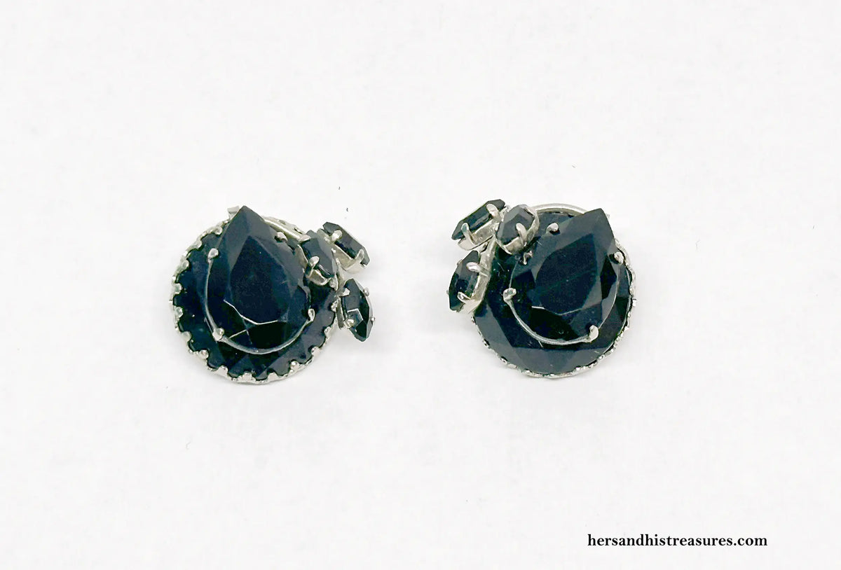 Black Rhinestone Tiered Clip-On Earrings | West Germany - Hers and His Treasures