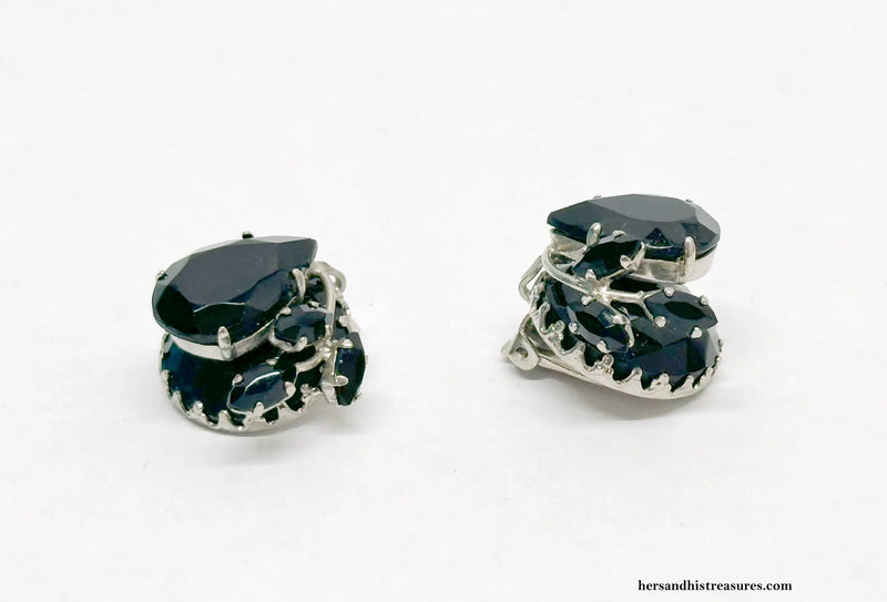 Black Rhinestone Tiered Clip-On Earrings | West Germany - Hers and His Treasures