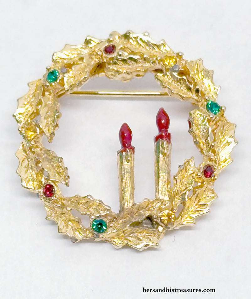 Eisenberg Ice Christmas Wreath with Candles Brooch Pin - Hers and His Treasures