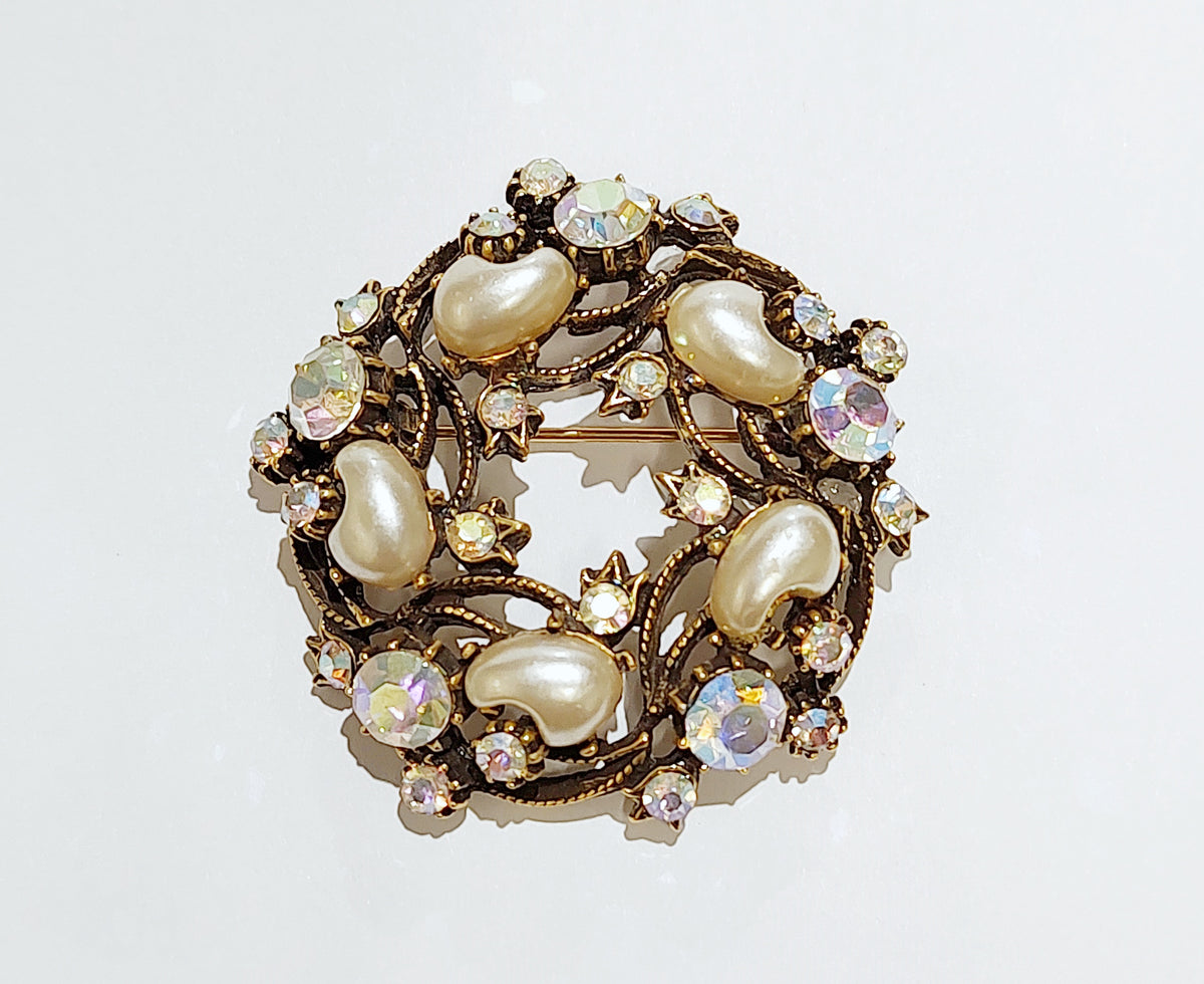 Vintage Florenza AB Rhinestone and Faux Pearl Brooch Pin - Hers and His Treasures