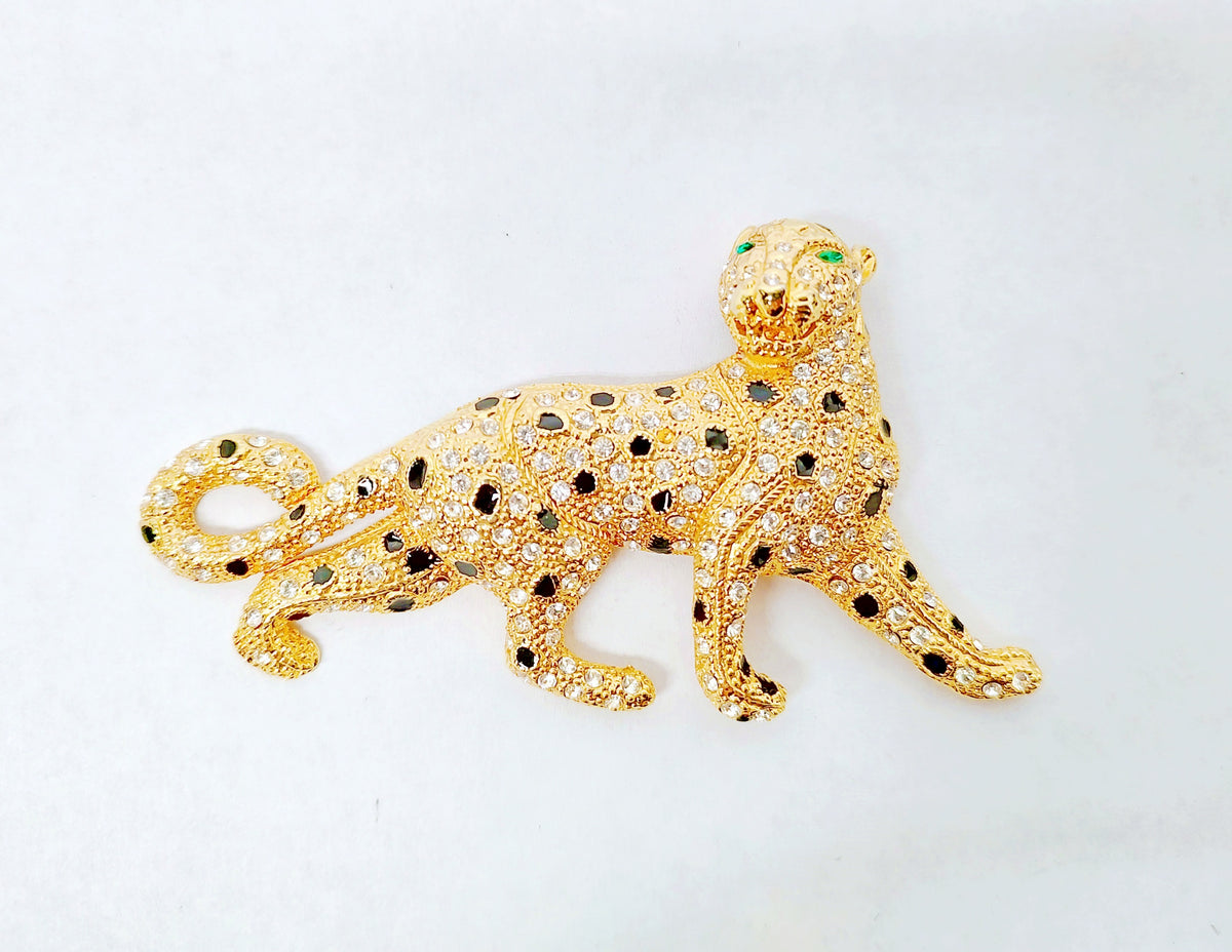 Large Gold Tone Panther Brooch with Rhinestones and Green Eyes - Hers and His Treasures