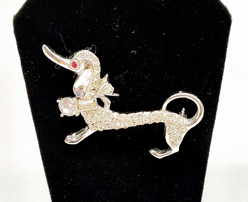 Vintage Silver Tone Dachshund Weiner Dog Brooch with Rhinestones - Hers and His Treasures