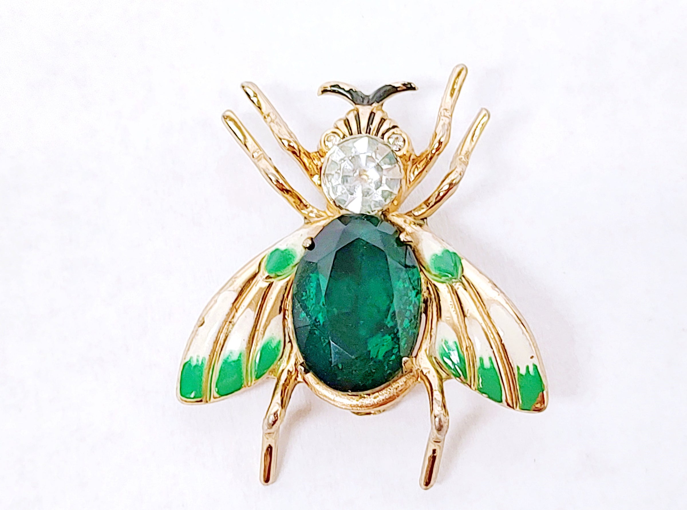Vintage Large Rhinestone Spider Brooch Pin with Green Eyes