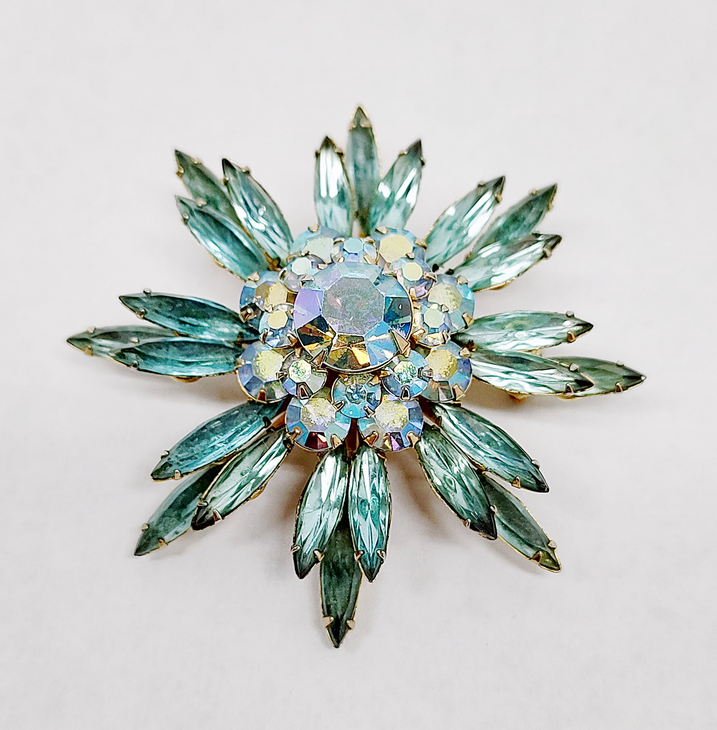 Judy Lee Aqua Blue Navette and AB Crystal Flower Brooch Pin | USA