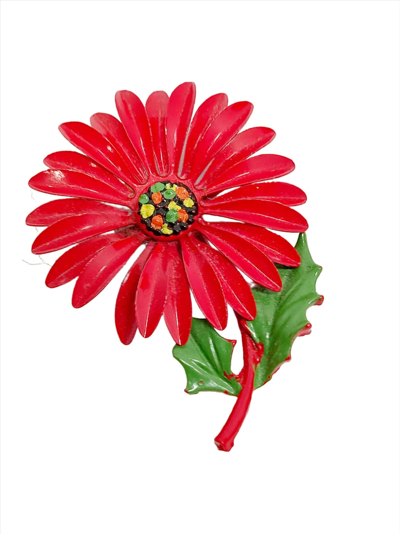 Vintage Red Enamel Daisy Flower Brooch Pin - Hers and His Treasures