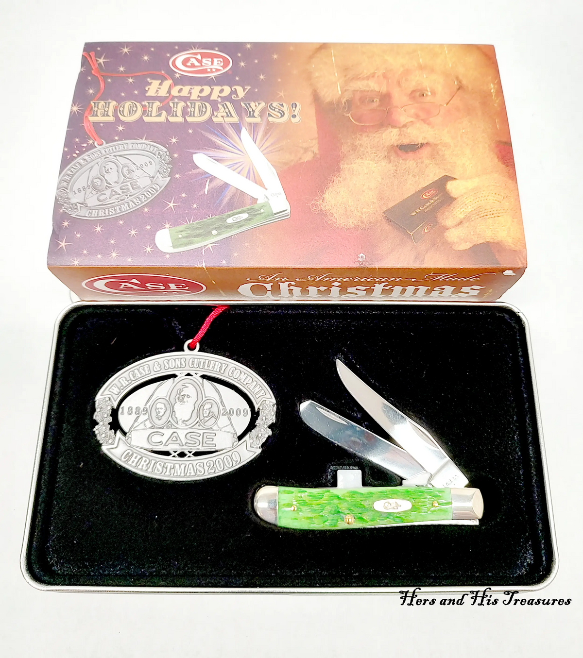New 2009 Case XX 6207 Happy Holidays Green Bone Pocket Knife - Hers and His Treasures