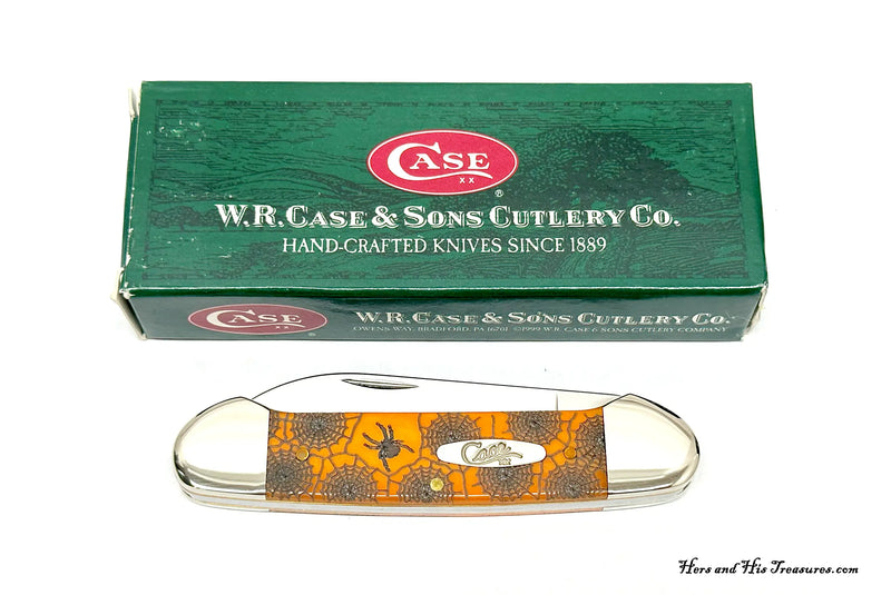 2005 Case XX 62131 Persimmon Orange Bone Spider Web Canoe Pocket Knife - Hers and His Treasures