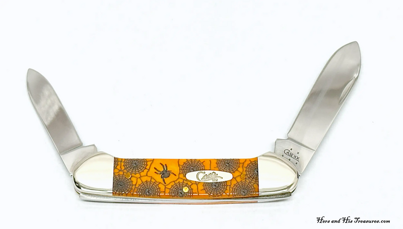 2005 Case XX 62131 Persimmon Orange Bone Spider Web Canoe Pocket Knife - Hers and His Treasures