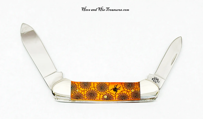 2005 Case XX 62131 Persimmon Orange Bone Spider Web Canoe Pocket Knife - Hers and His Treasures