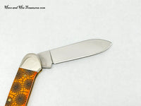 2005 Case XX 62131 Persimmon Orange Bone Spider Web Canoe Pocket Knife - Hers and His Treasures