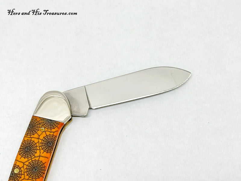 2005 Case XX 62131 Persimmon Orange Bone Spider Web Canoe Pocket Knife - Hers and His Treasures