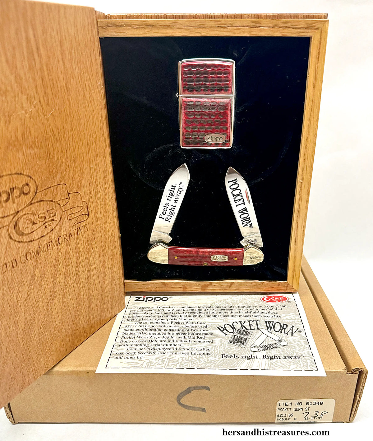 1997 Case XX Limited Edition Red Bone Pocket Worn Zippo and Canoe Knife Set - Hers and His Treasures