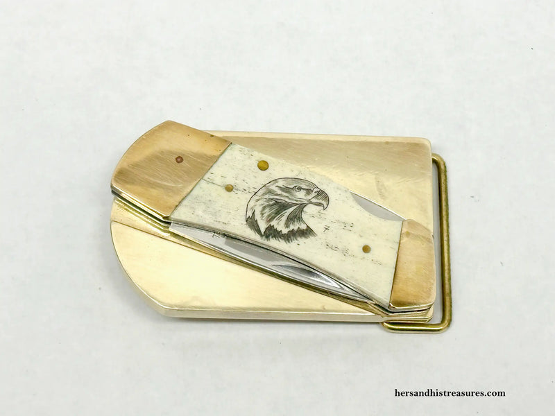 Vintage Eagle Etched Smooth Bone S.W.I. Belt Buckle Knife | Japan - Hers and His Treasures