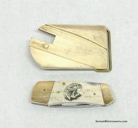 Vintage Eagle Etched Smooth Bone S.W.I. Belt Buckle Knife | Japan - Hers and His Treasures