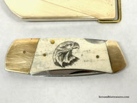 Vintage Eagle Etched Smooth Bone S.W.I. Belt Buckle Knife | Japan - Hers and His Treasures