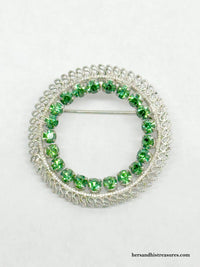 Silver Tone Filigree Circle Pin with Emerald Green Crystal Rhinestones | Austria - Hers and His Treasures