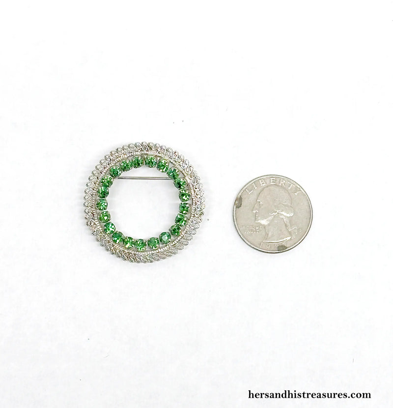 Silver Tone Filigree Circle Pin with Emerald Green Crystal Rhinestones | Austria - Hers and His Treasures