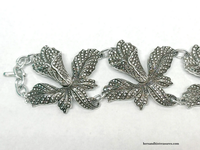 Western Germany Aluminum Marcasite Flower Wide Link Bracelet - Hers and His Treasures