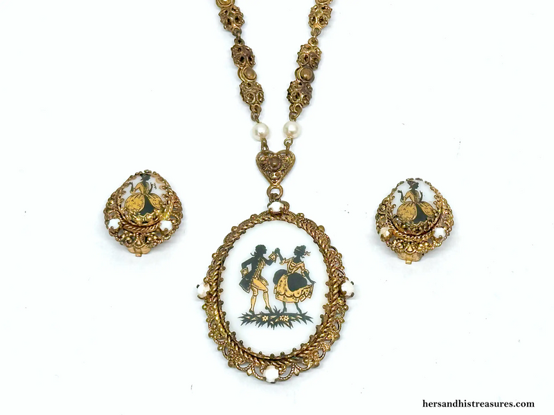 West Germany Gold Tone Filigree Courting Couple Jewelry Set - Hers and His Treasures