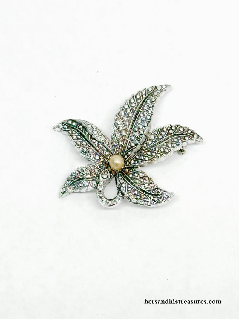 Western Germany Aluminum Marcasite Leaf Brooch Pin - Hers and His Treasures