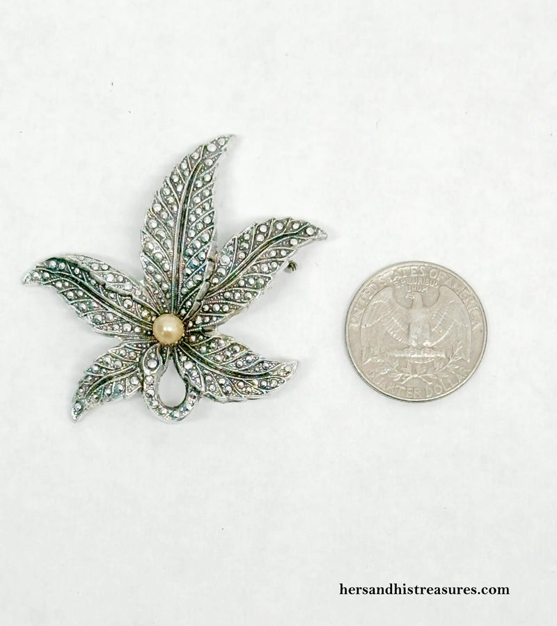 Western Germany Aluminum Marcasite Leaf Brooch Pin - Hers and His Treasures