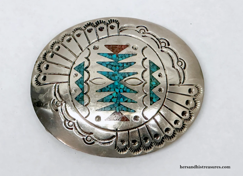 J. Nezzie Turquoise and Red Coral Chip Inlay Navajo Belt Buckle - Hers and His Treasures