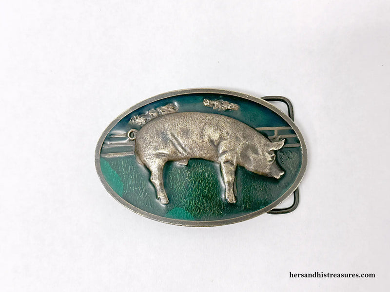 1977 Pig Farming G-145 Enamel Bergamot Brass Works Belt Buckle - Hers and His Treasures