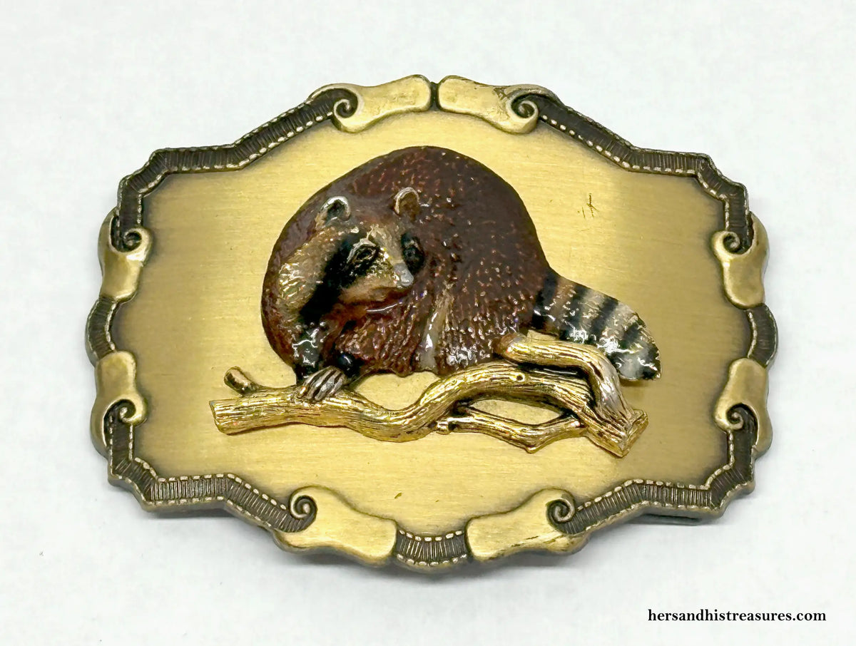 1977/1978 Raintree Raccoon Brass and Enamel Belt Buckle - Hers and His Treasures