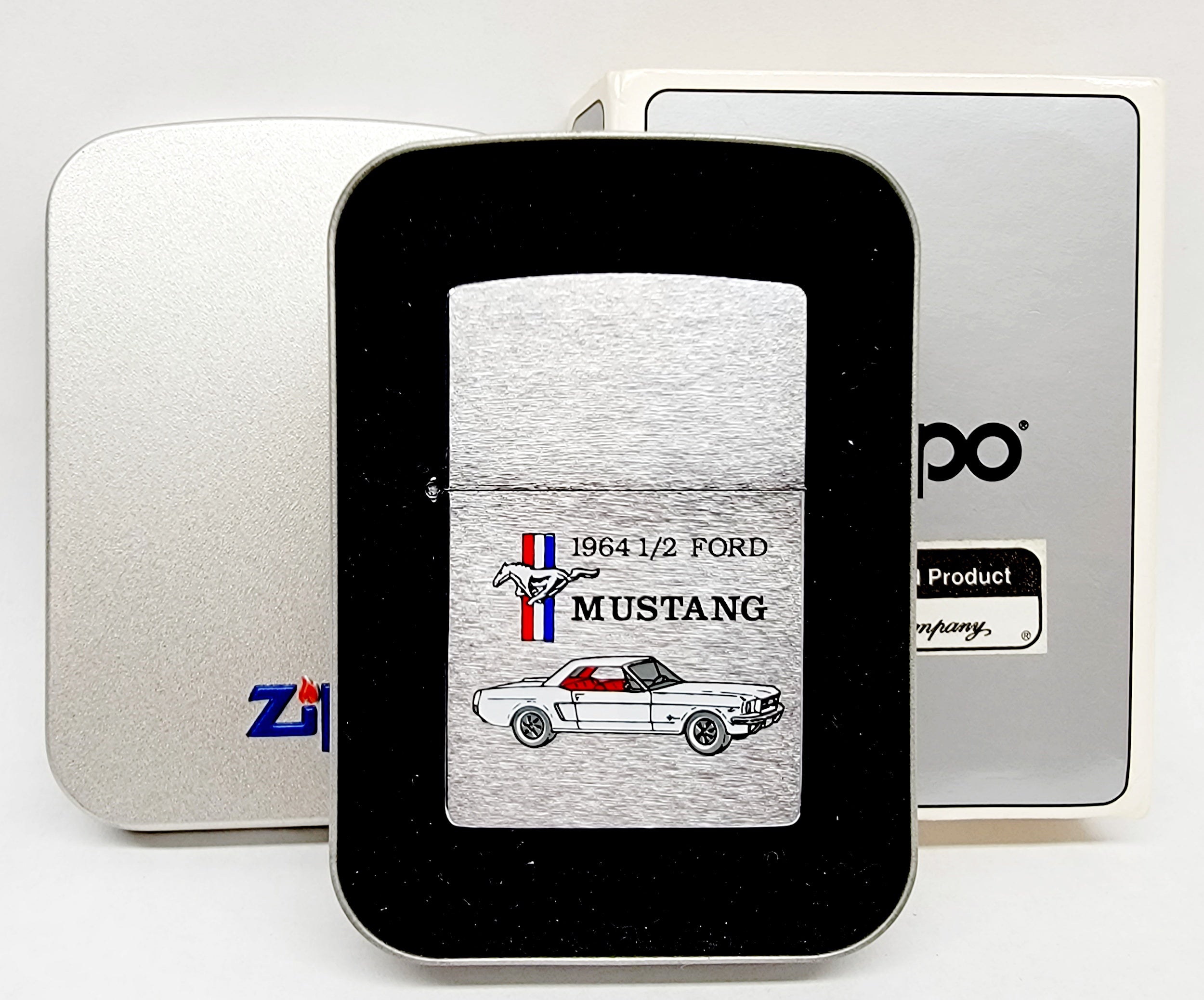 New 1996 XII 1964 1/2 Ford Mustang Brushed Chrome Zippo Lighter