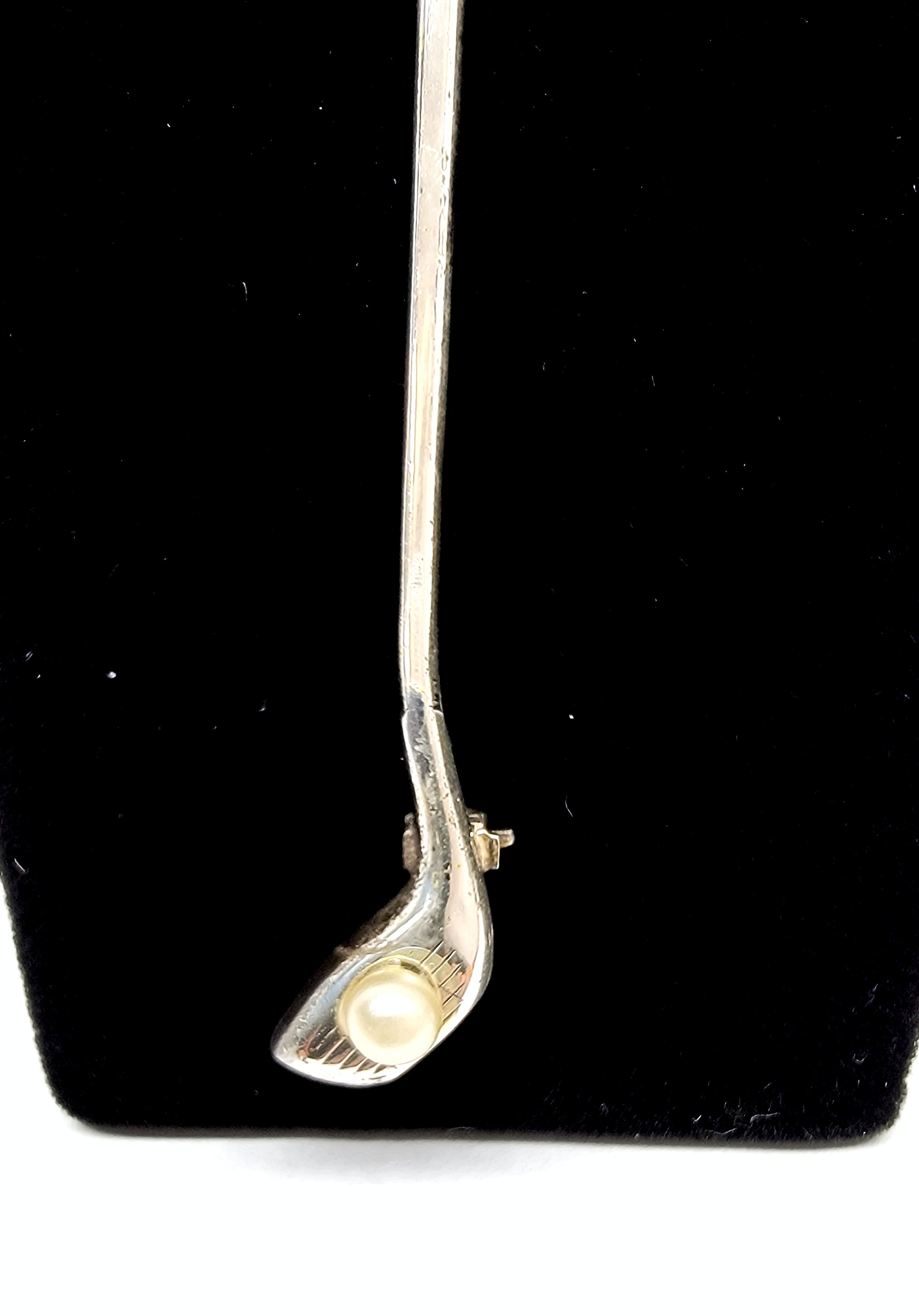 Vintage sterling silver brooch bar pin golf hot club with pearl