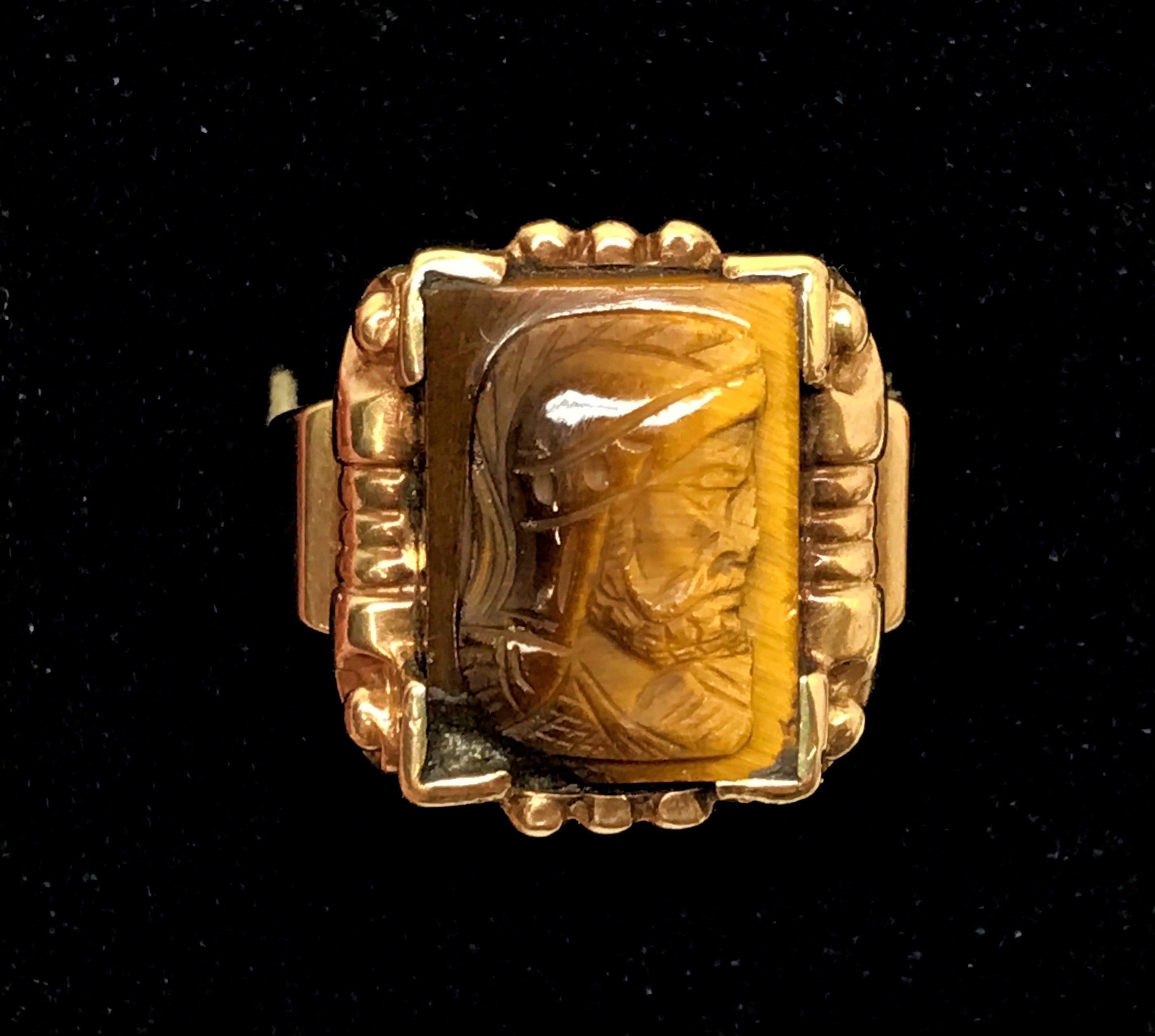 Antique Signet 10K Gold OB Ostby & Barton Cameo Gladiator Tigers Eye Ring ~  Titanic History