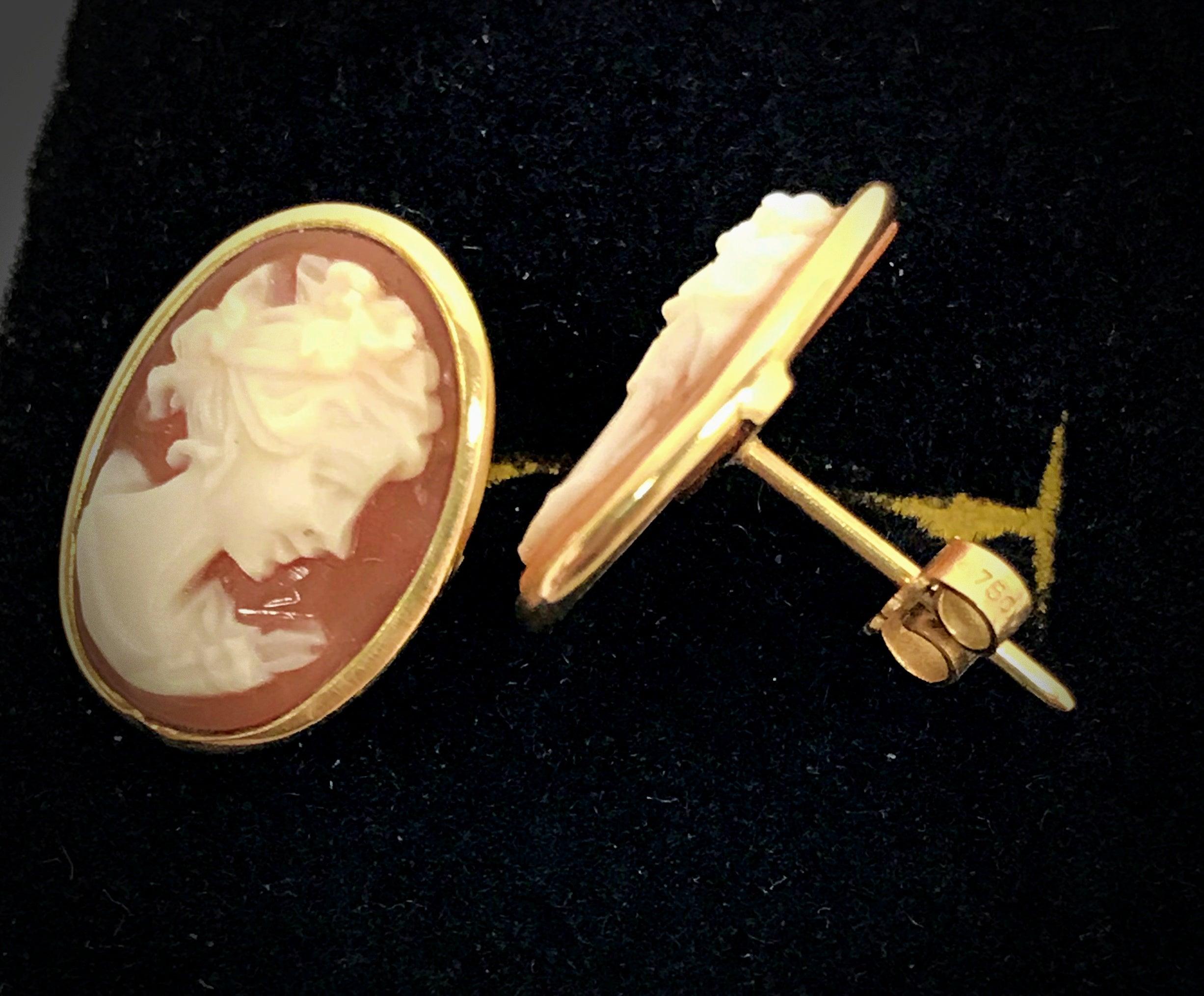 Vintage 18K Carved Shell Cameo Pendant Or Brooch Pin and Earrings Set From  Rome Italy