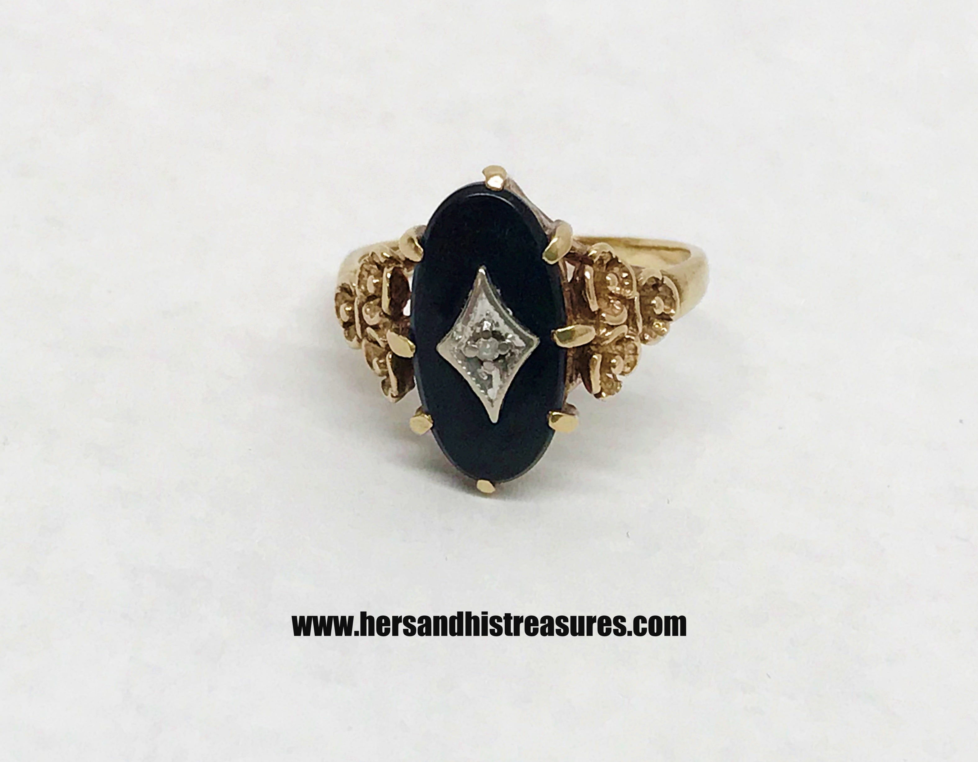 1920-1945 Art Deco Diamond & Black Onyx 14K Yellow Gold Ring