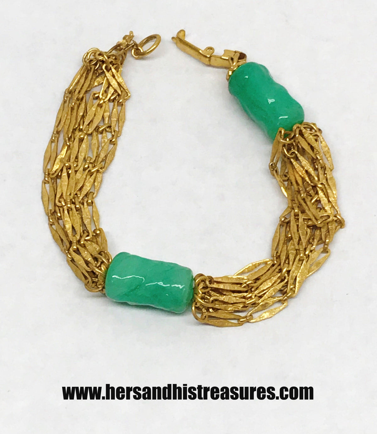 Vintage 8 Strand Gold Tone Bracelet With 2 Green Glass Beads - Hers and His Treasures