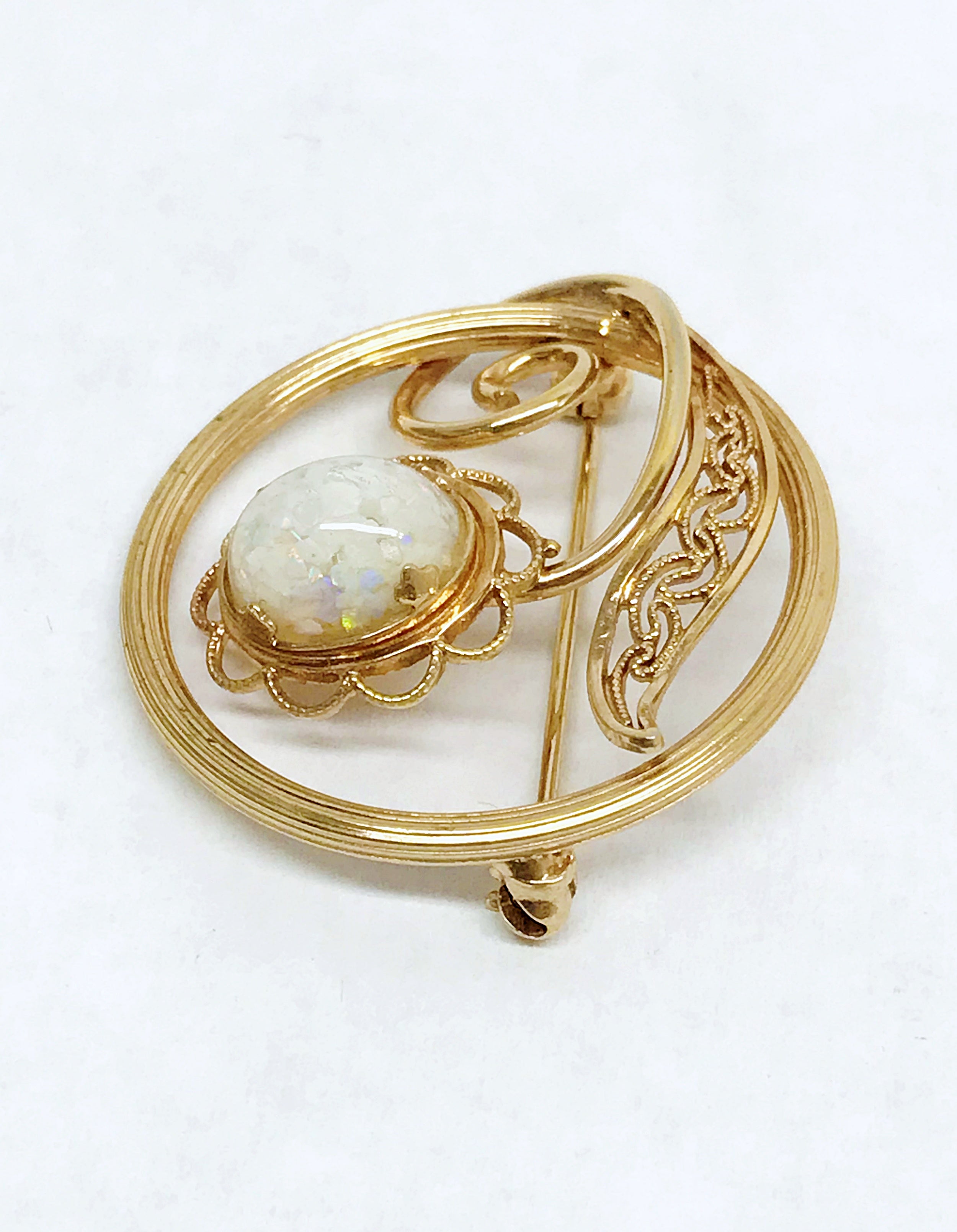 1919-1970's AMCO 14K Gold Filled Opal Chip In Resin Flower Brooch