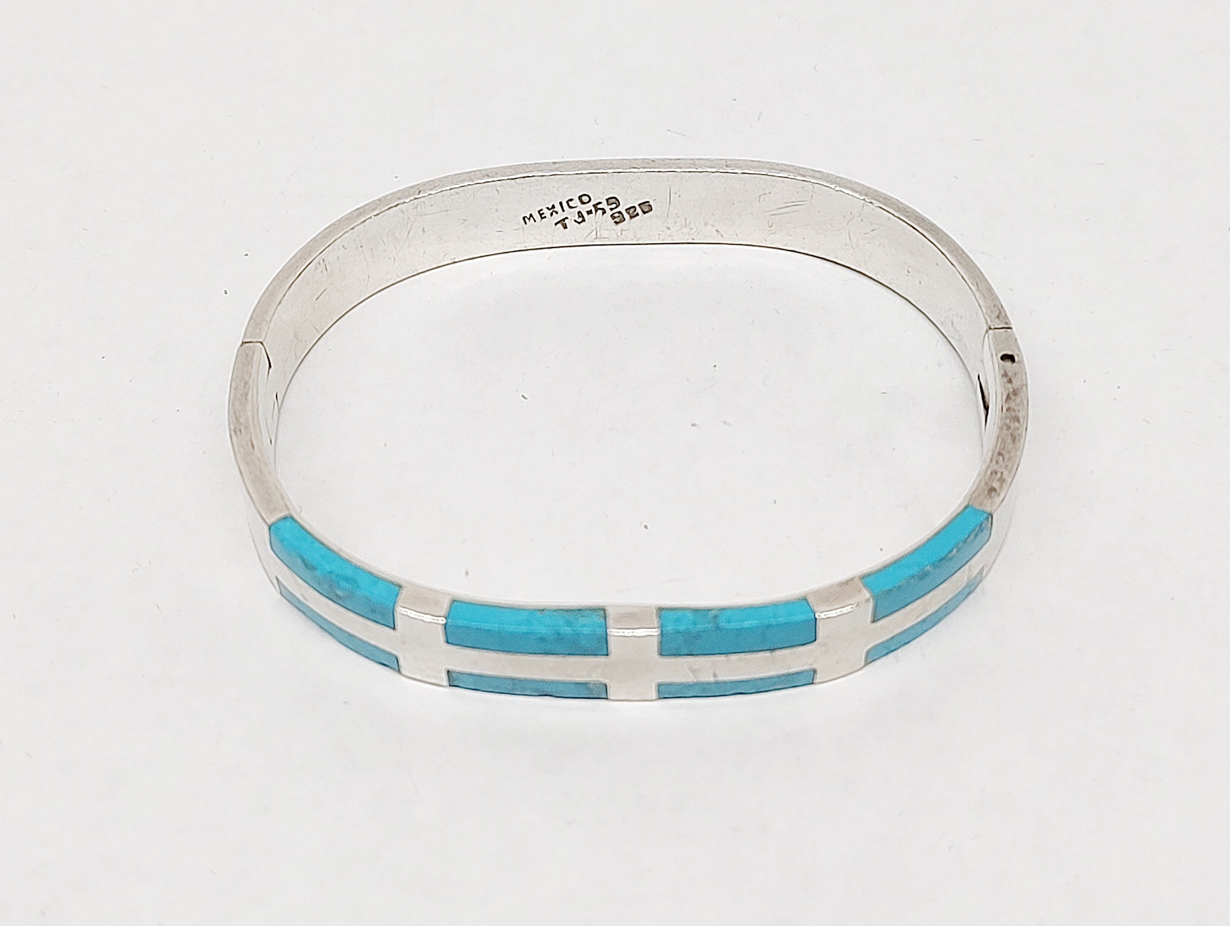 Turquoise .925 Sterling Silver Hinged Bangle Bracelet Mexico TJ-59