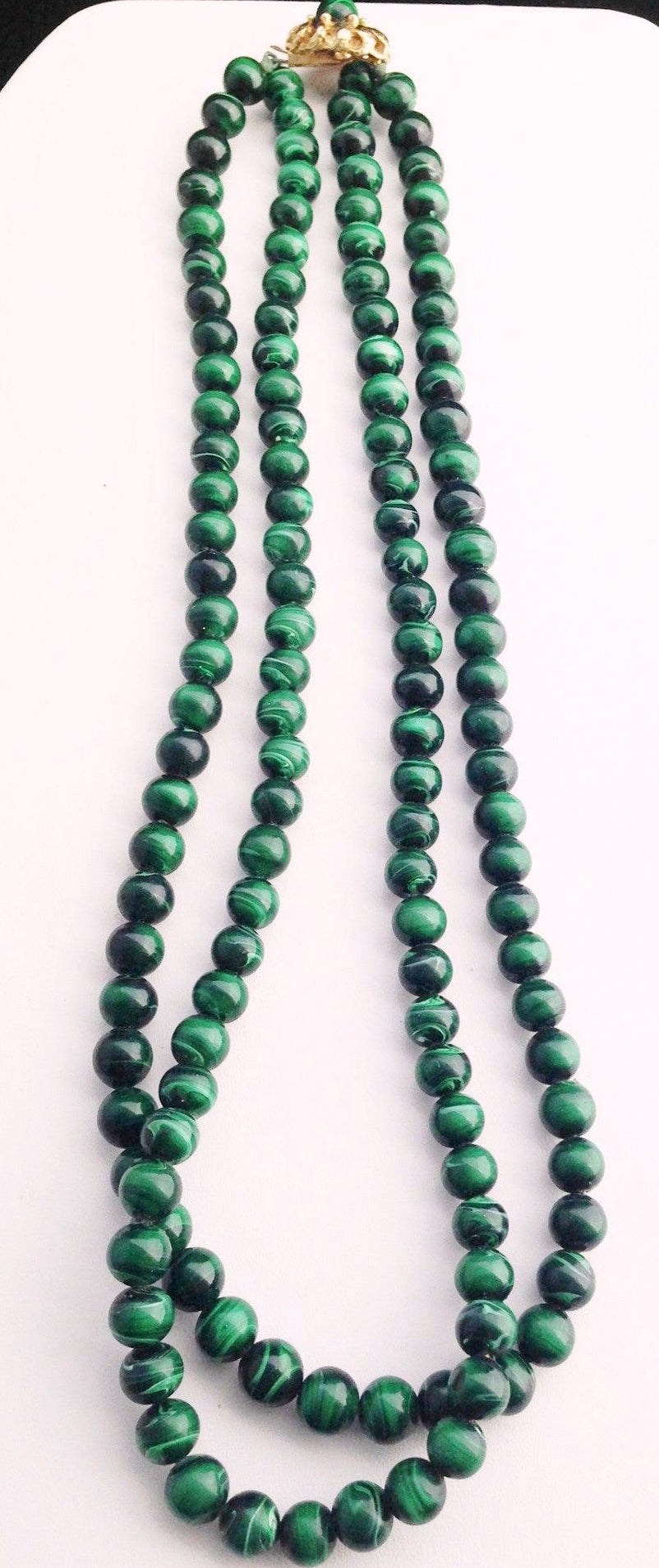 1950's Faux Malachite Bead Double Strand Necklace - 20