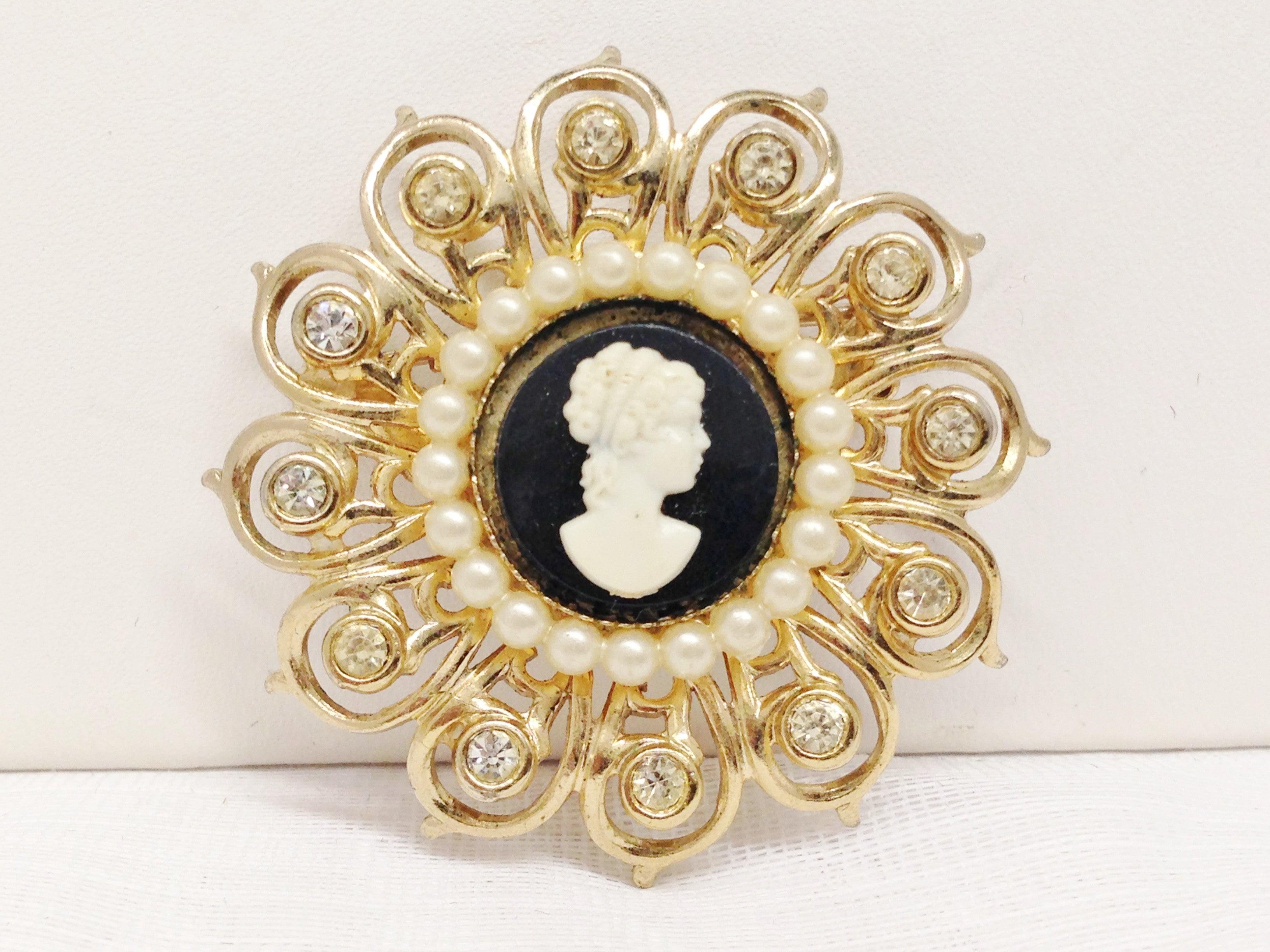 Vintage Coro Cameo Faux Pearl And Rhinestone Brooch – Hers And His ...