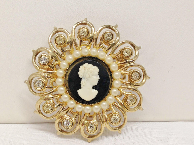 Vintage Coro Cameo Faux Pearl and Rhinestone Brooch – Hers and His ...