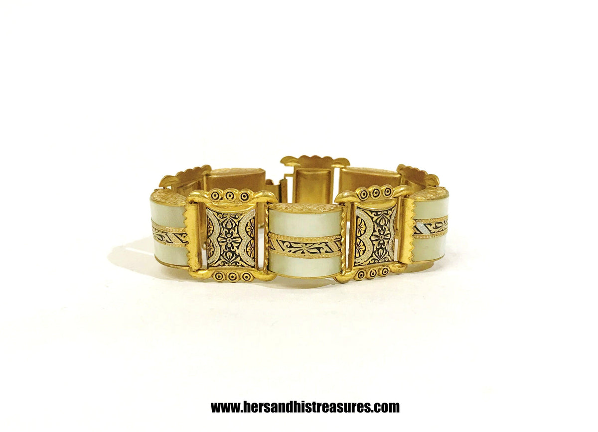 Vintage Mid-Century Damascene Lucite Panel Link Bracelet - Hers and His Treasures