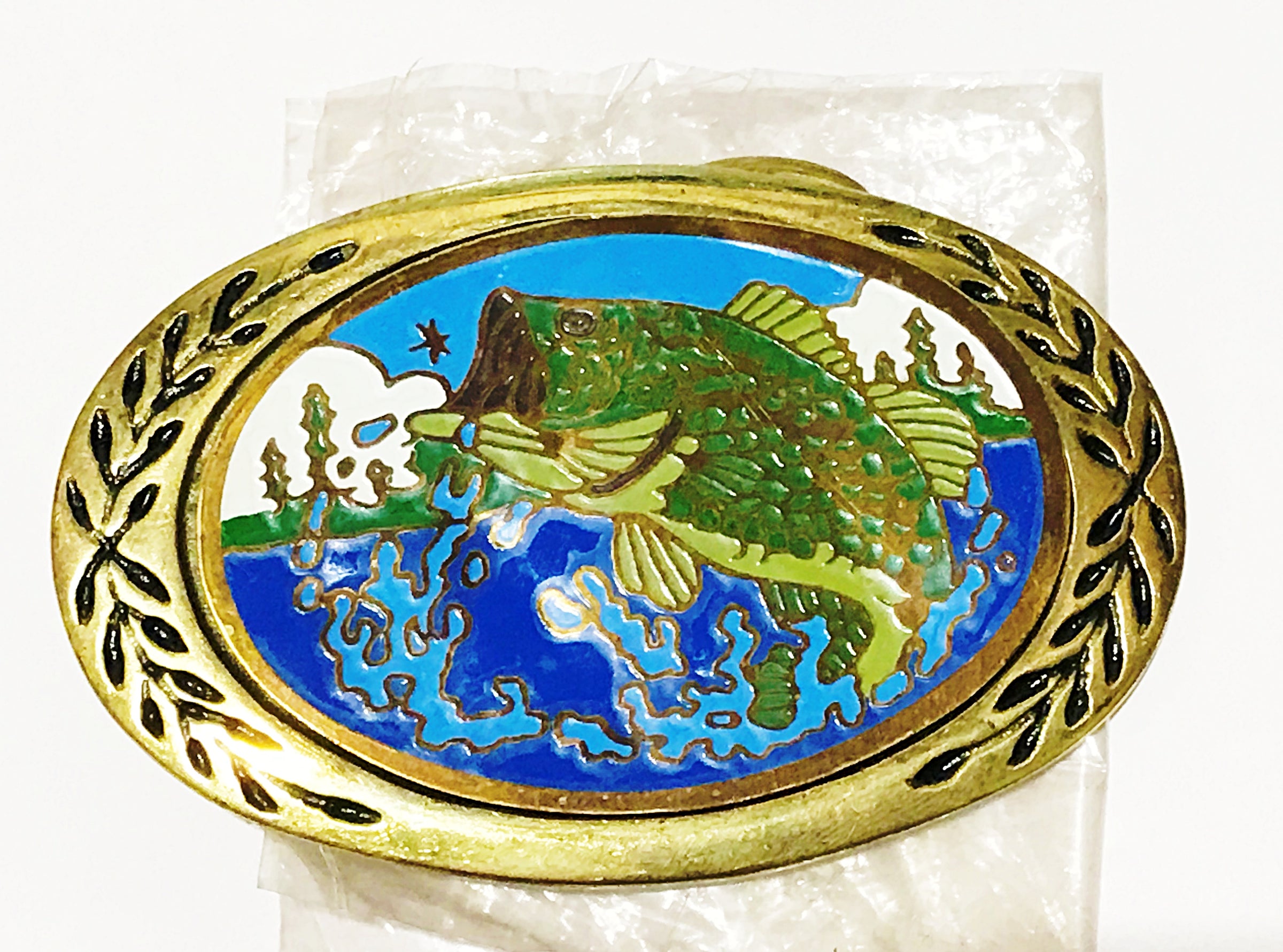 1980's Aminco Bass Fish Brass and Enamel Inlay Belt Buckle