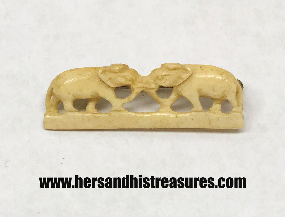 Vintage Dual Bone Carved Elephants Brooch Pin - Hers and His Treasures