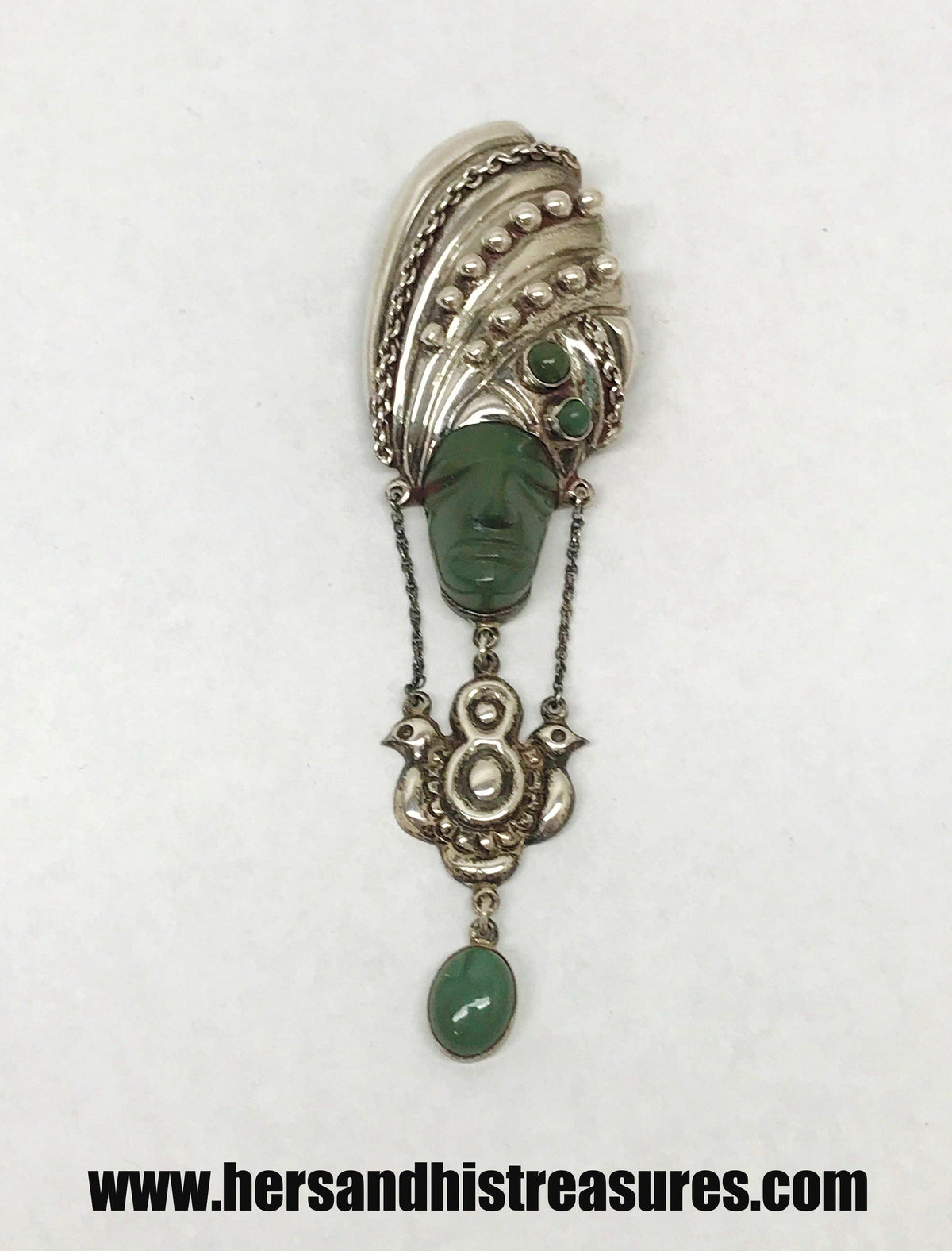 Vintage Aztec Tribal Jade Large Sterling Silver Dangling Brooch Pin J.P. Mexico - Hers and His Treasures