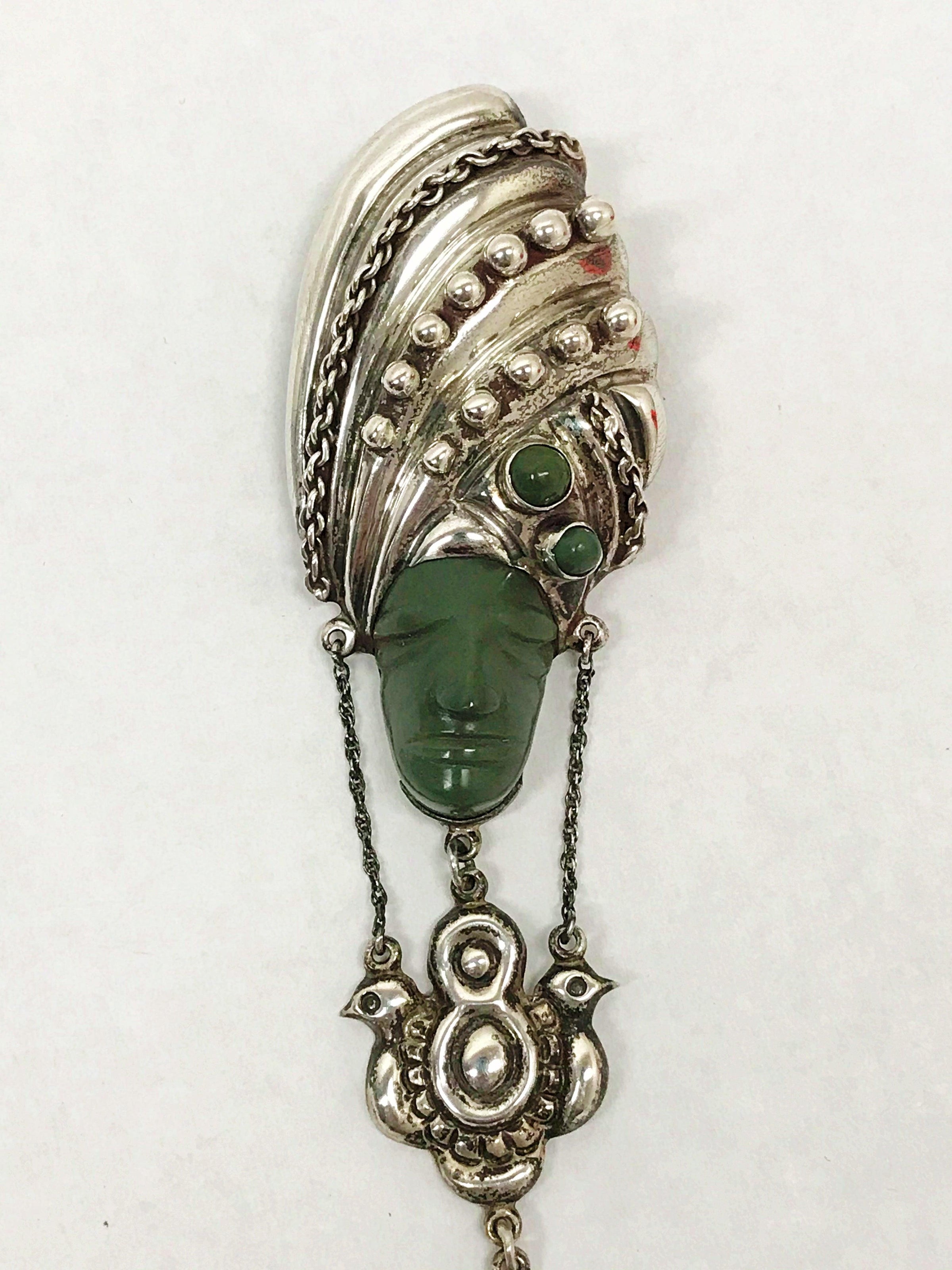 Vintage Aztec Tribal Jade Large Sterling Silver Dangling Brooch Pin J. –  Hers and His Treasures