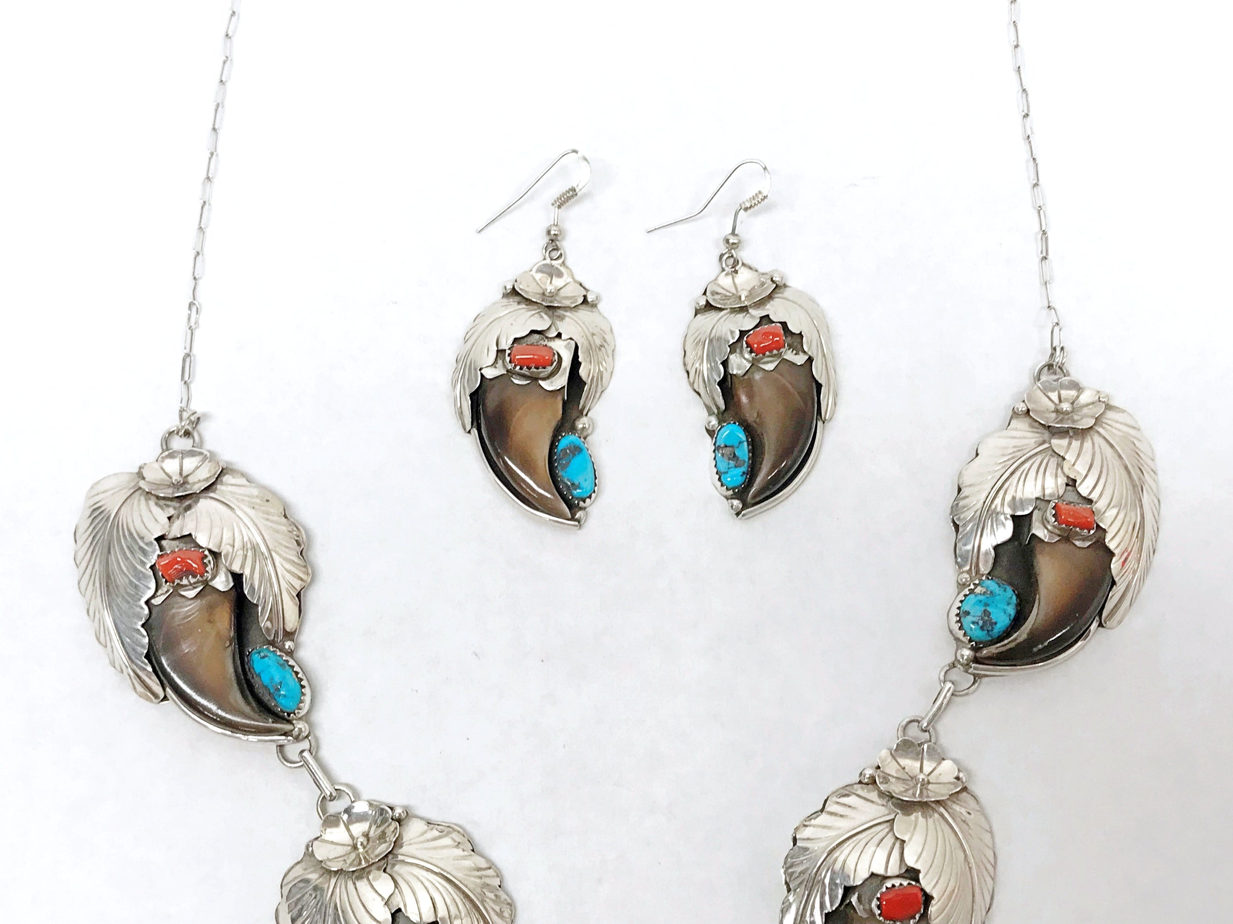 Sterling and turquoise bear claw Necklace and earring shops set