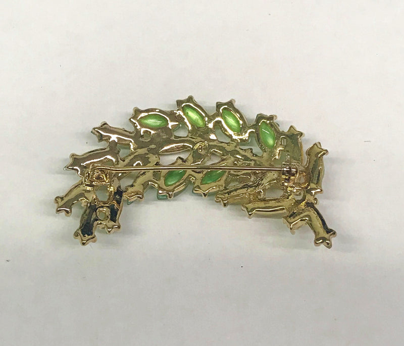 LC Liz Claiborne Green Rhinestone Leaf Brooch Pin