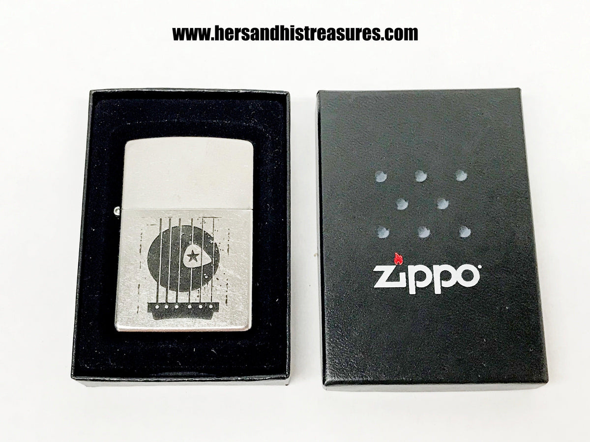 New 2008 Marlboro Guitar & Pick Street Chrome Zippo Lighter - Hers and His Treasures