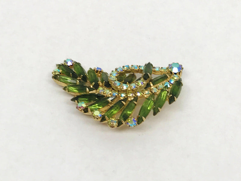 Vintage Green and AB Rhinestone Leaf Brooch Pin - Hers and His Treasures